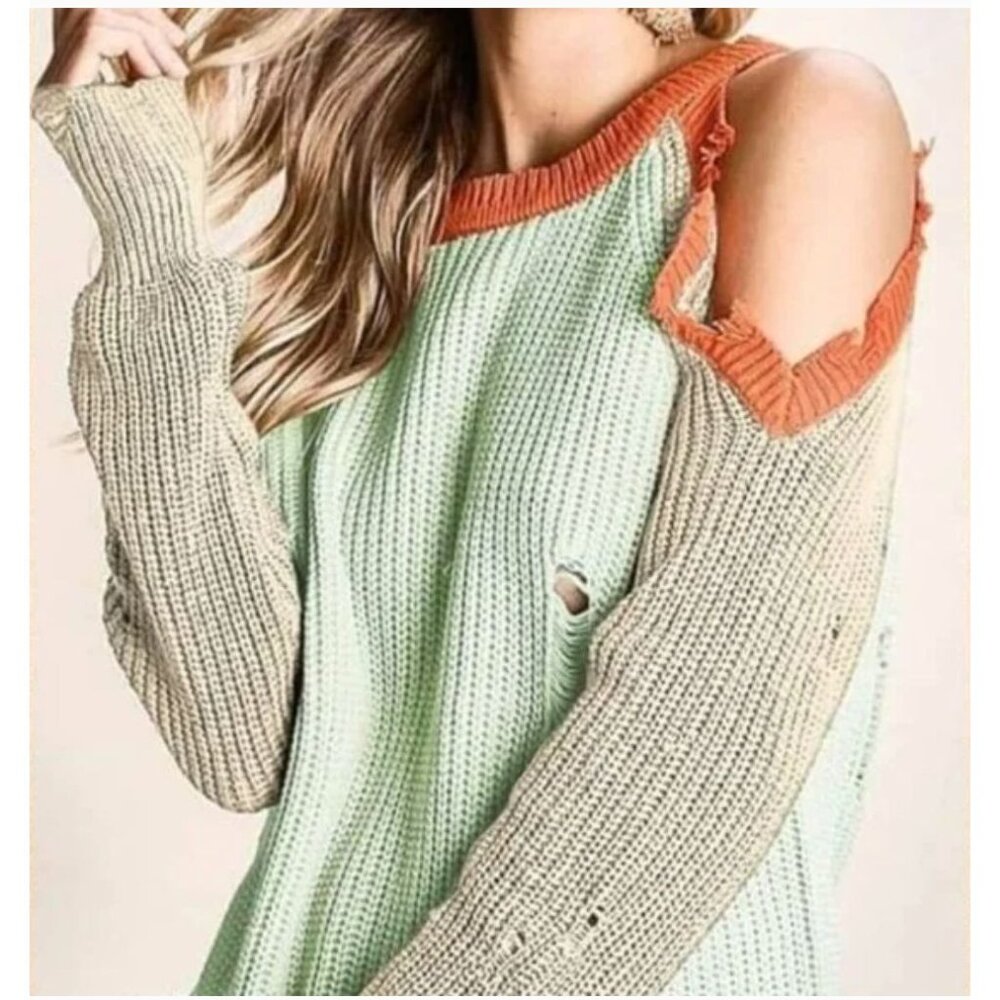 BIBI Distressed Cold Shoulder Knit Color Block Sweater Olive Small NEW
